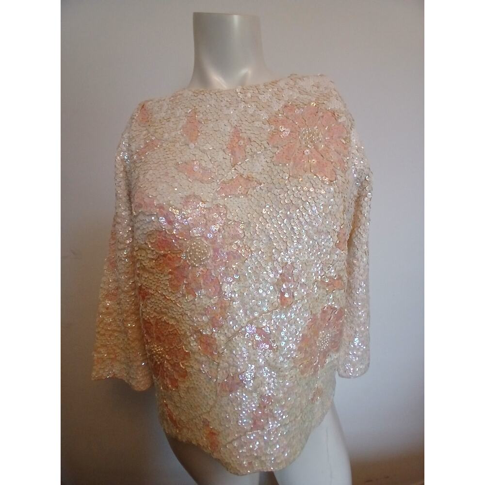 Vintage Imperial Sequin Torchsinger Shirt Top White Pink Mid-Century Hong Kong M